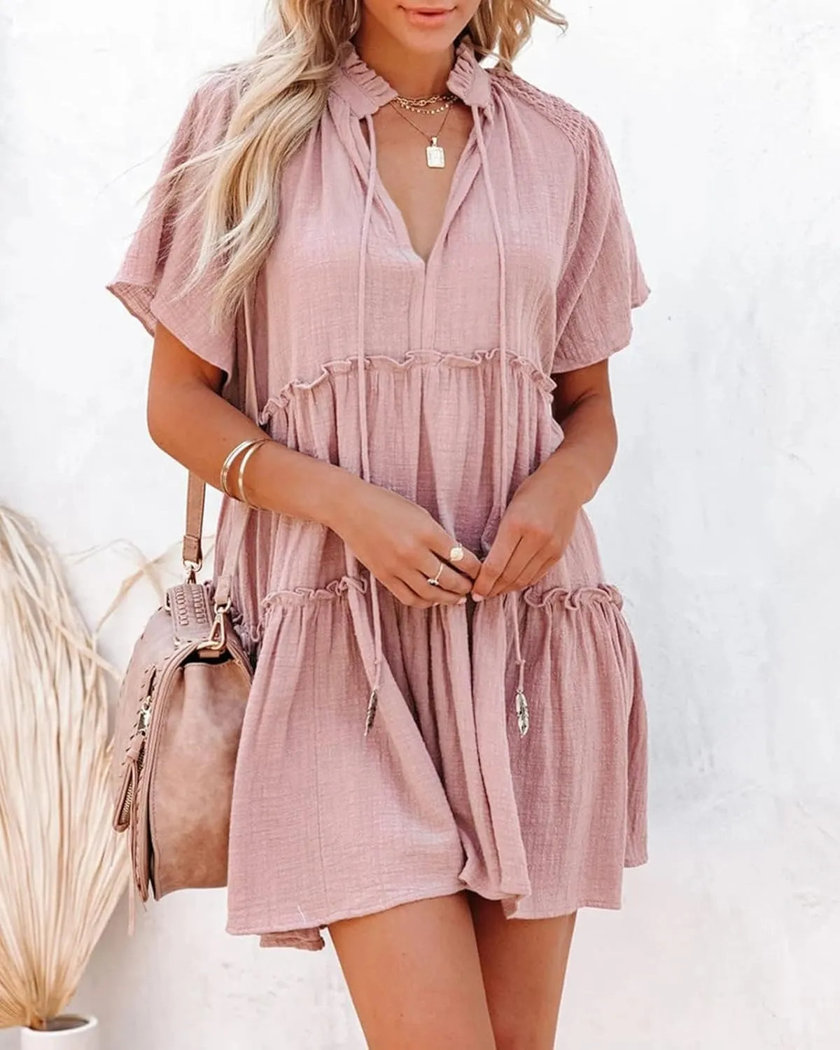 Womens Split V Neck Drawstring Neck Tie Ruffle Tiered Dress Short Sleeve Babydoll Tunic Swing Mini Dresses Sundresses