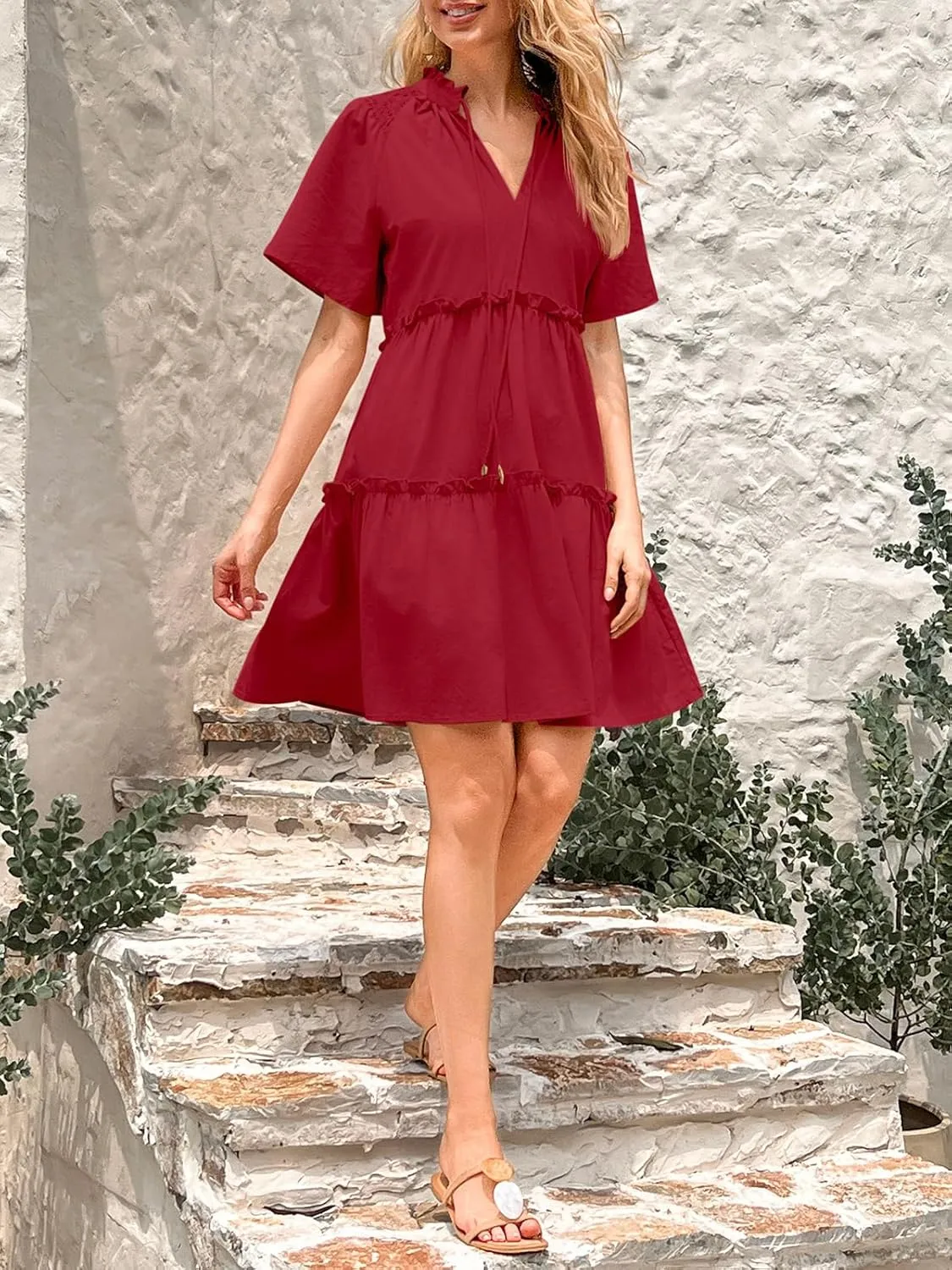Womens Split V Neck Drawstring Neck Tie Ruffle Tiered Dress Short Sleeve Babydoll Tunic Swing Mini Dresses Sundresses