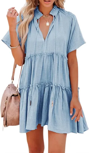 Womens Split V Neck Drawstring Neck Tie Ruffle Tiered Dress Short Sleeve Babydoll Tunic Swing Mini Dresses Sundresses