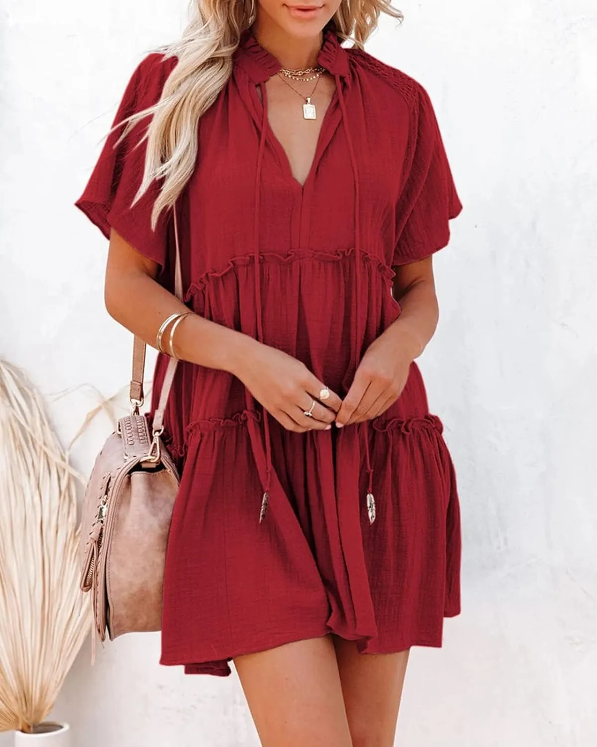 Womens Split V Neck Drawstring Neck Tie Ruffle Tiered Dress Short Sleeve Babydoll Tunic Swing Mini Dresses Sundresses