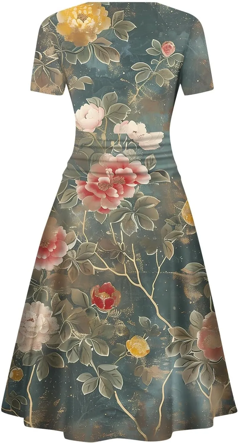 Womens Spring Dresses Sexy Deep V Neck Dress 2024 Trendy Short Sleeve Casual Dresses Plus Size Flowy Tunic Dresses