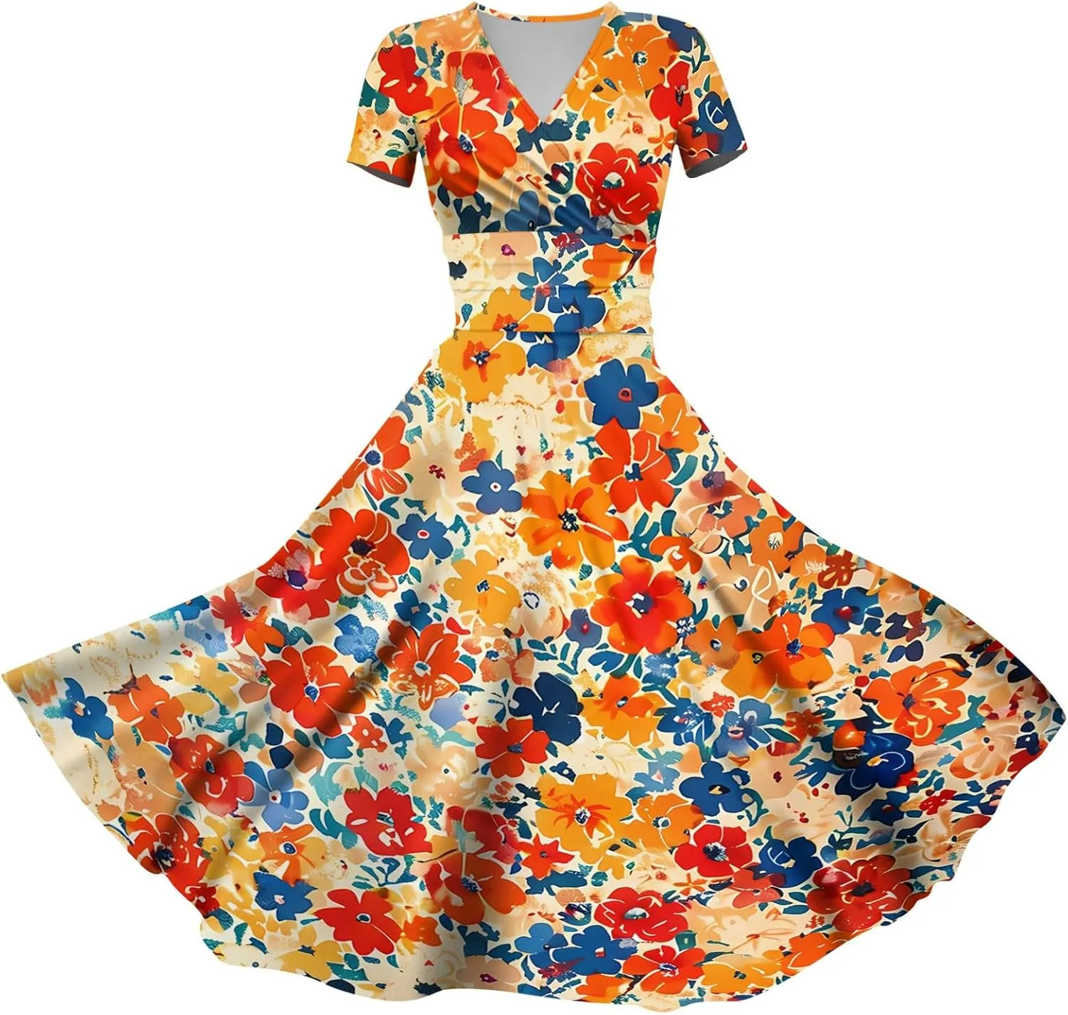 Womens Spring Dresses Sexy Deep V Neck Dress 2024 Trendy Short Sleeve Casual Dresses Plus Size Flowy Tunic Dresses