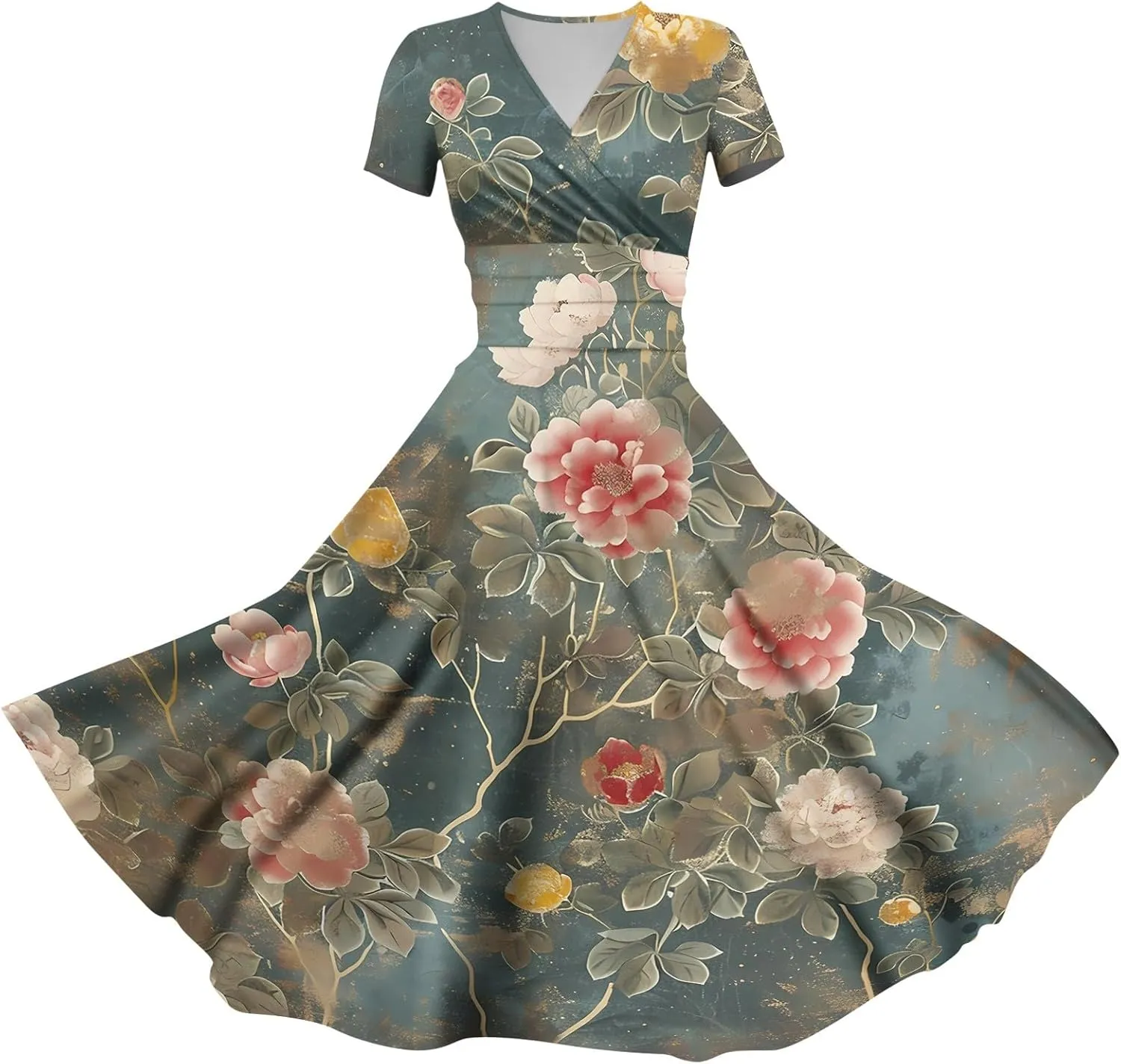 Womens Spring Dresses Sexy Deep V Neck Dress 2024 Trendy Short Sleeve Casual Dresses Plus Size Flowy Tunic Dresses