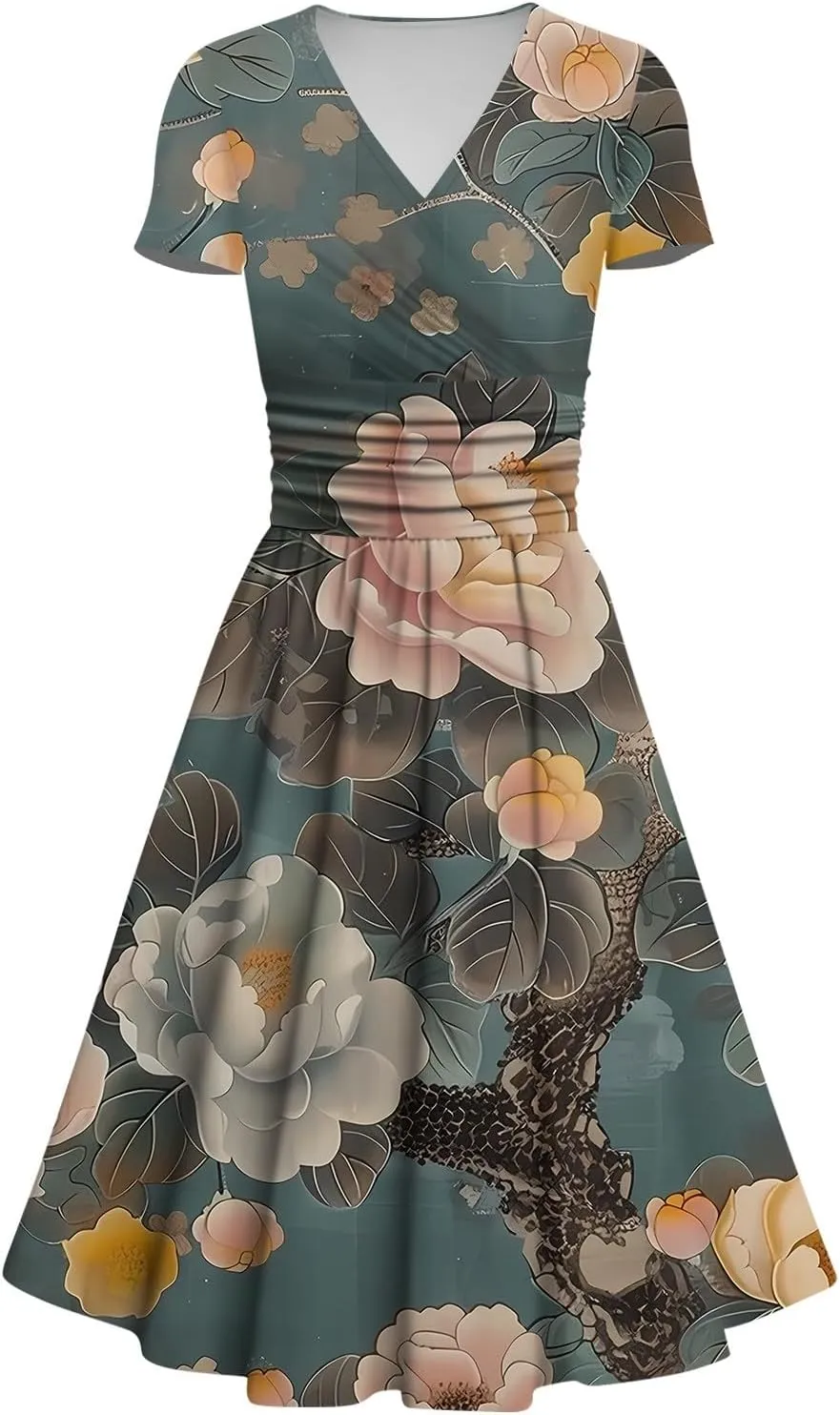 Womens Spring Dresses Sexy Deep V Neck Dress 2024 Trendy Short Sleeve Casual Dresses Plus Size Flowy Tunic Dresses