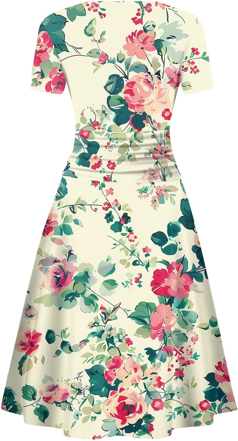 Womens Spring Dresses Sexy Deep V Neck Dress 2024 Trendy Short Sleeve Casual Dresses Plus Size Flowy Tunic Dresses