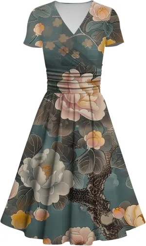 Womens Spring Dresses Sexy Deep V Neck Dress 2024 Trendy Short Sleeve Casual Dresses Plus Size Flowy Tunic Dresses