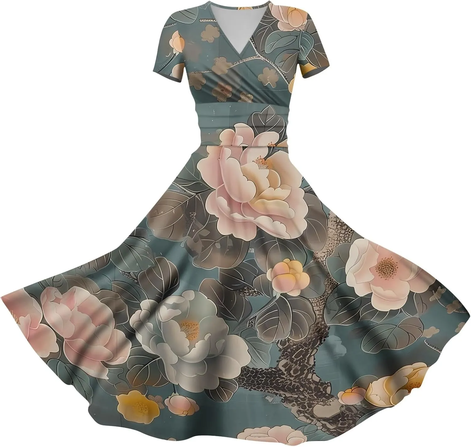 Womens Spring Dresses Sexy Deep V Neck Dress 2024 Trendy Short Sleeve Casual Dresses Plus Size Flowy Tunic Dresses