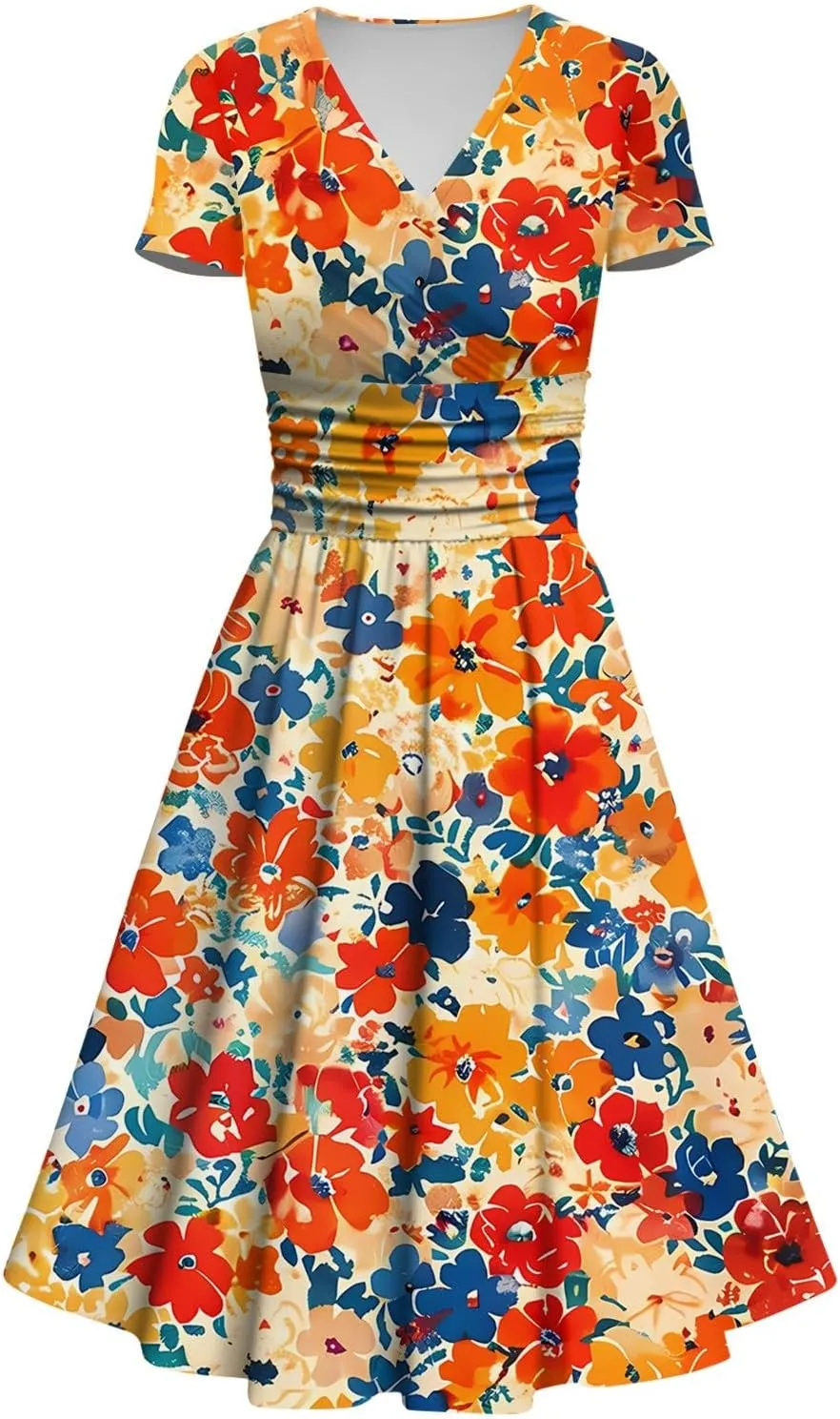 Womens Spring Dresses Sexy Deep V Neck Dress 2024 Trendy Short Sleeve Casual Dresses Plus Size Flowy Tunic Dresses