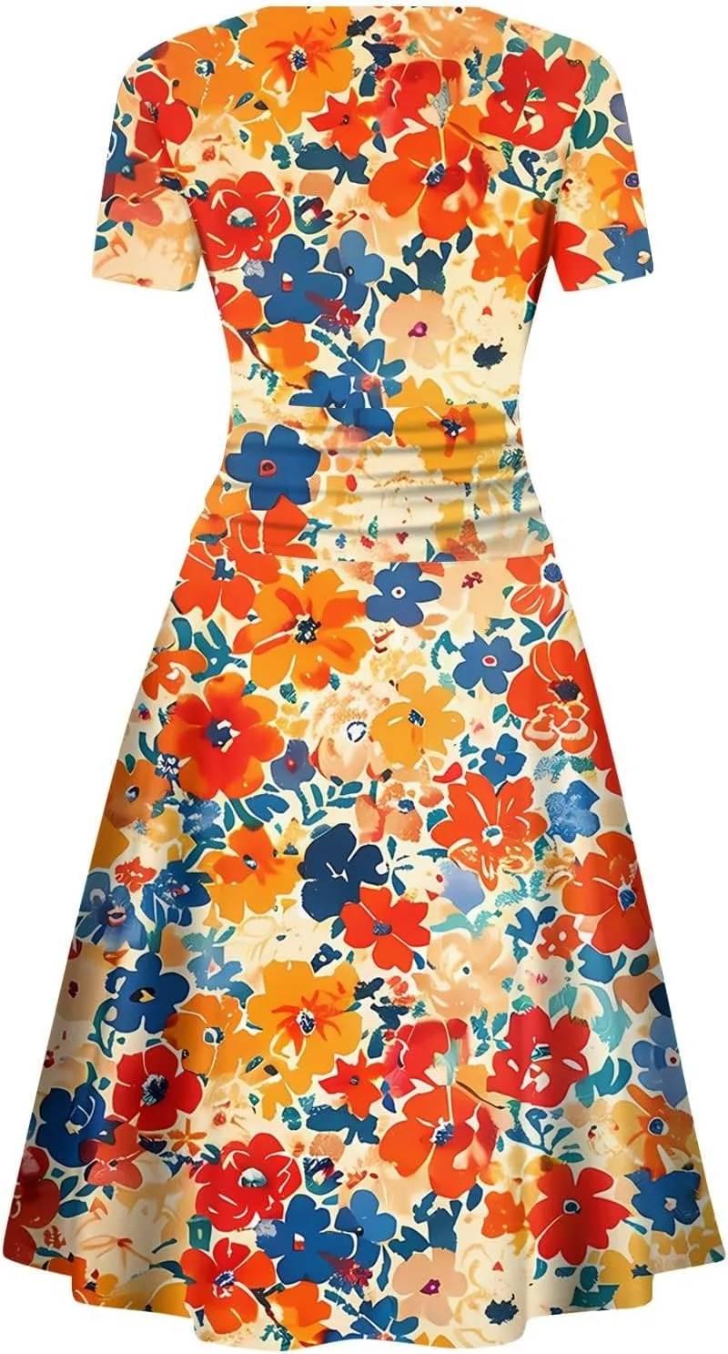 Womens Spring Dresses Sexy Deep V Neck Dress 2024 Trendy Short Sleeve Casual Dresses Plus Size Flowy Tunic Dresses