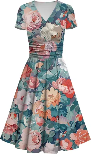 Womens Spring Dresses Sexy Deep V Neck Dress 2024 Trendy Short Sleeve Casual Dresses Plus Size Flowy Tunic Dresses