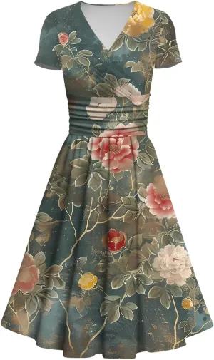 Womens Spring Dresses Sexy Deep V Neck Dress 2024 Trendy Short Sleeve Casual Dresses Plus Size Flowy Tunic Dresses