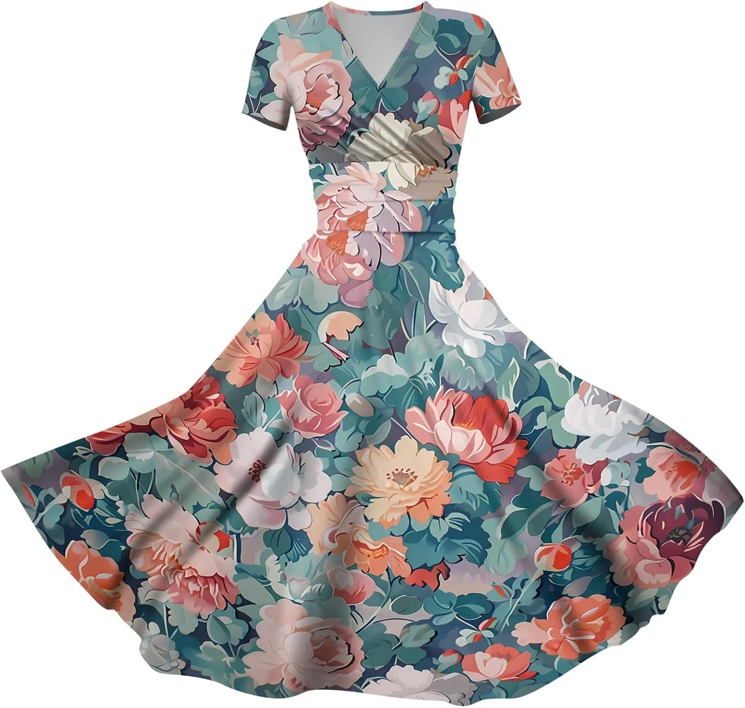 Womens Spring Dresses Sexy Deep V Neck Dress 2024 Trendy Short Sleeve Casual Dresses Plus Size Flowy Tunic Dresses