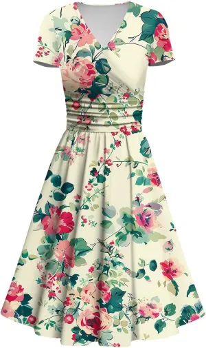 Womens Spring Dresses Sexy Deep V Neck Dress 2024 Trendy Short Sleeve Casual Dresses Plus Size Flowy Tunic Dresses