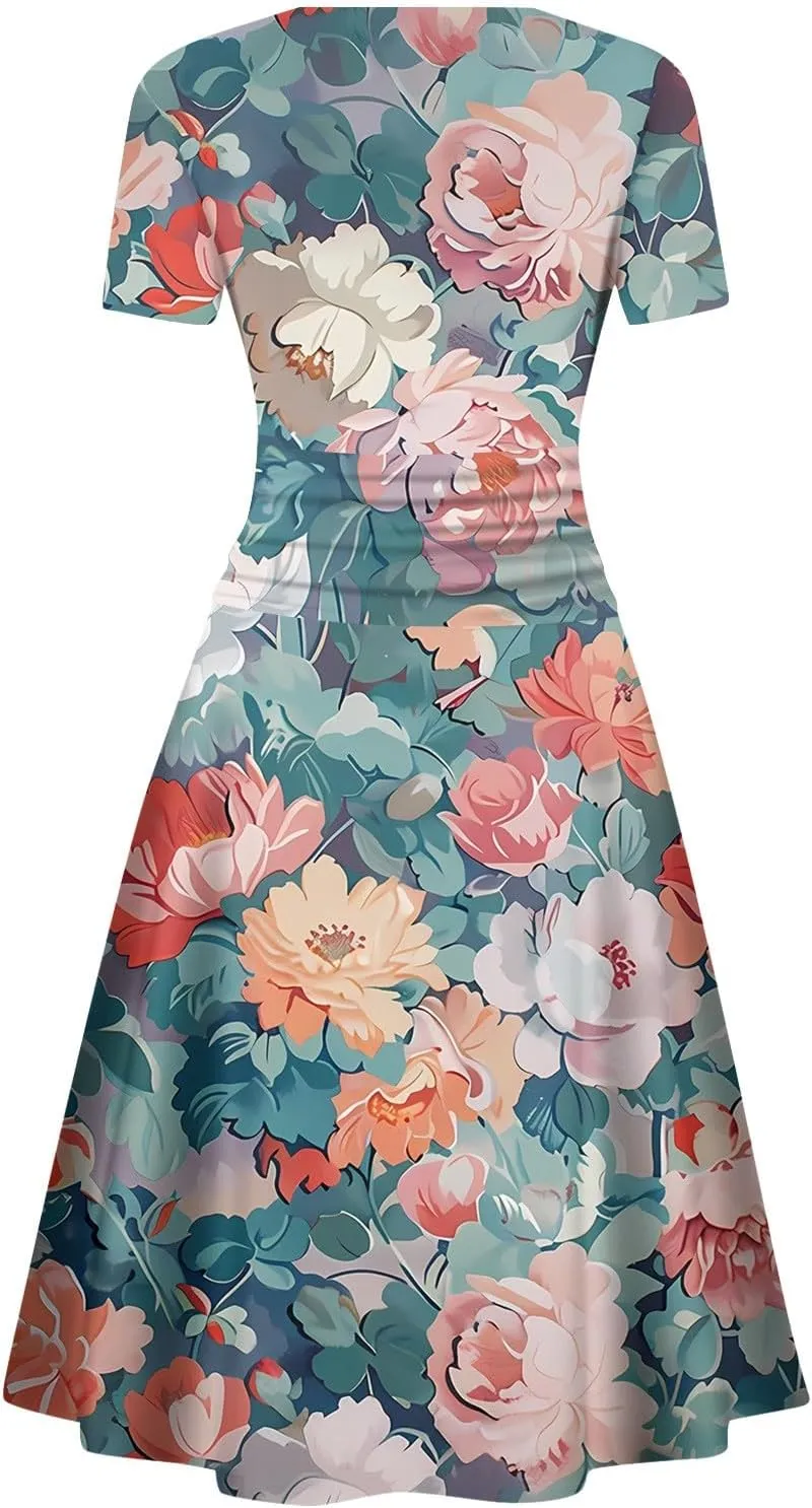 Womens Spring Dresses Sexy Deep V Neck Dress 2024 Trendy Short Sleeve Casual Dresses Plus Size Flowy Tunic Dresses
