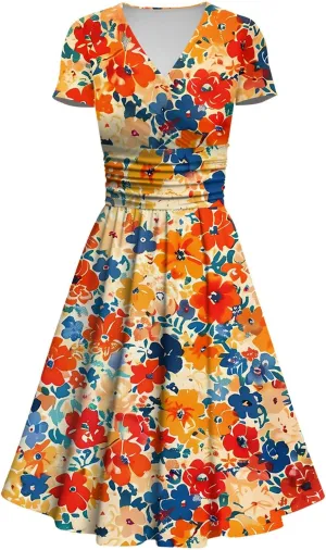 Womens Spring Dresses Sexy Deep V Neck Dress 2024 Trendy Short Sleeve Casual Dresses Plus Size Flowy Tunic Dresses