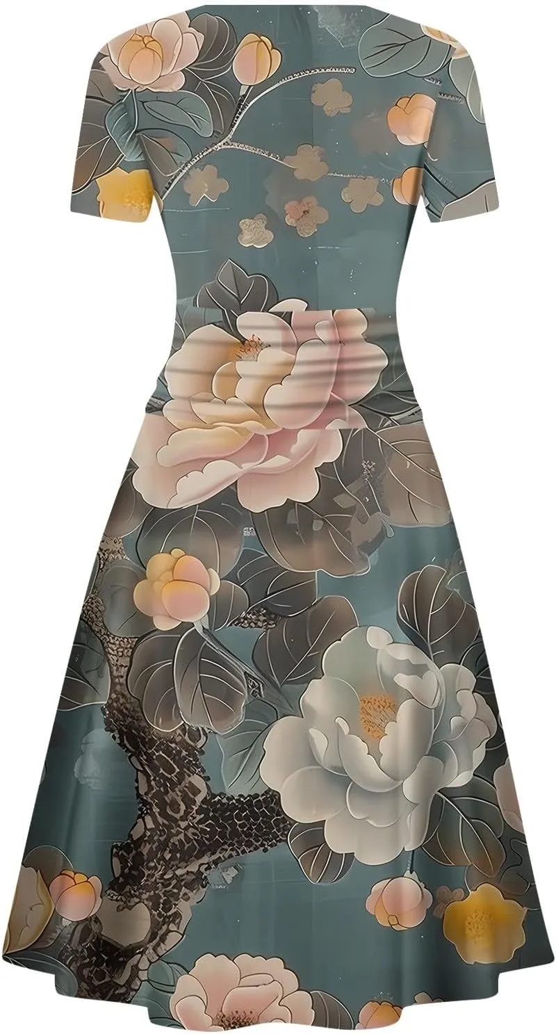 Womens Spring Dresses Sexy Deep V Neck Dress 2024 Trendy Short Sleeve Casual Dresses Plus Size Flowy Tunic Dresses