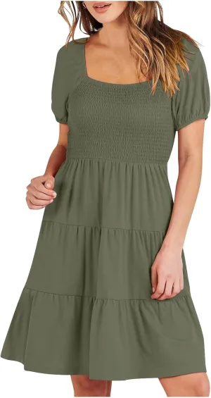 Womens Spring Summer Dresses Boho Floral Square Neck Smocked 3/4 Sleeve Casual A-Line Swing Mini Dress