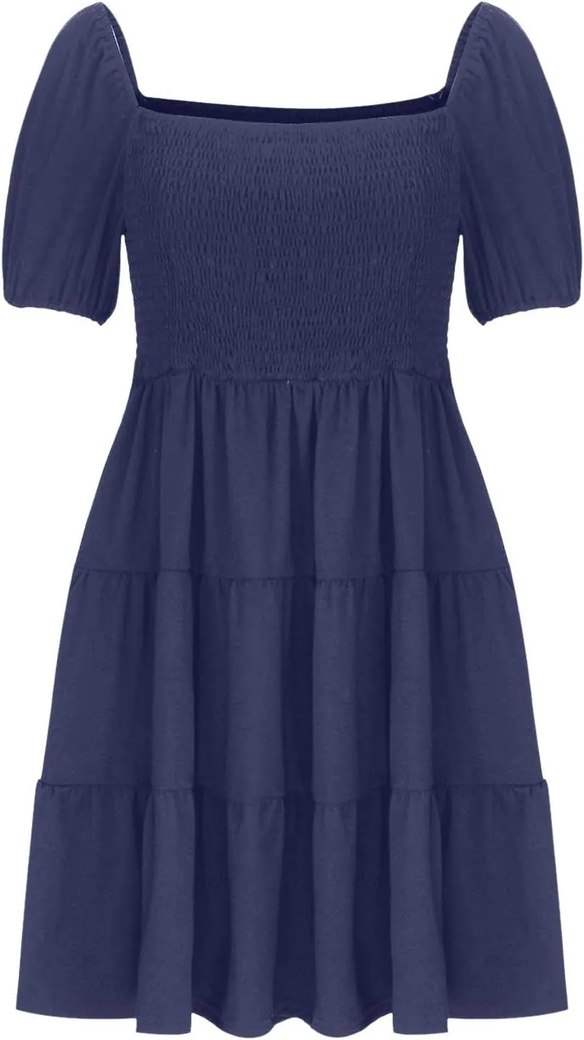 Womens Spring Summer Dresses Boho Floral Square Neck Smocked 3/4 Sleeve Casual A-Line Swing Mini Dress