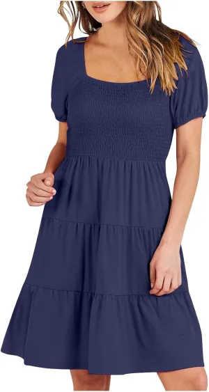 Womens Spring Summer Dresses Boho Floral Square Neck Smocked 3/4 Sleeve Casual A-Line Swing Mini Dress