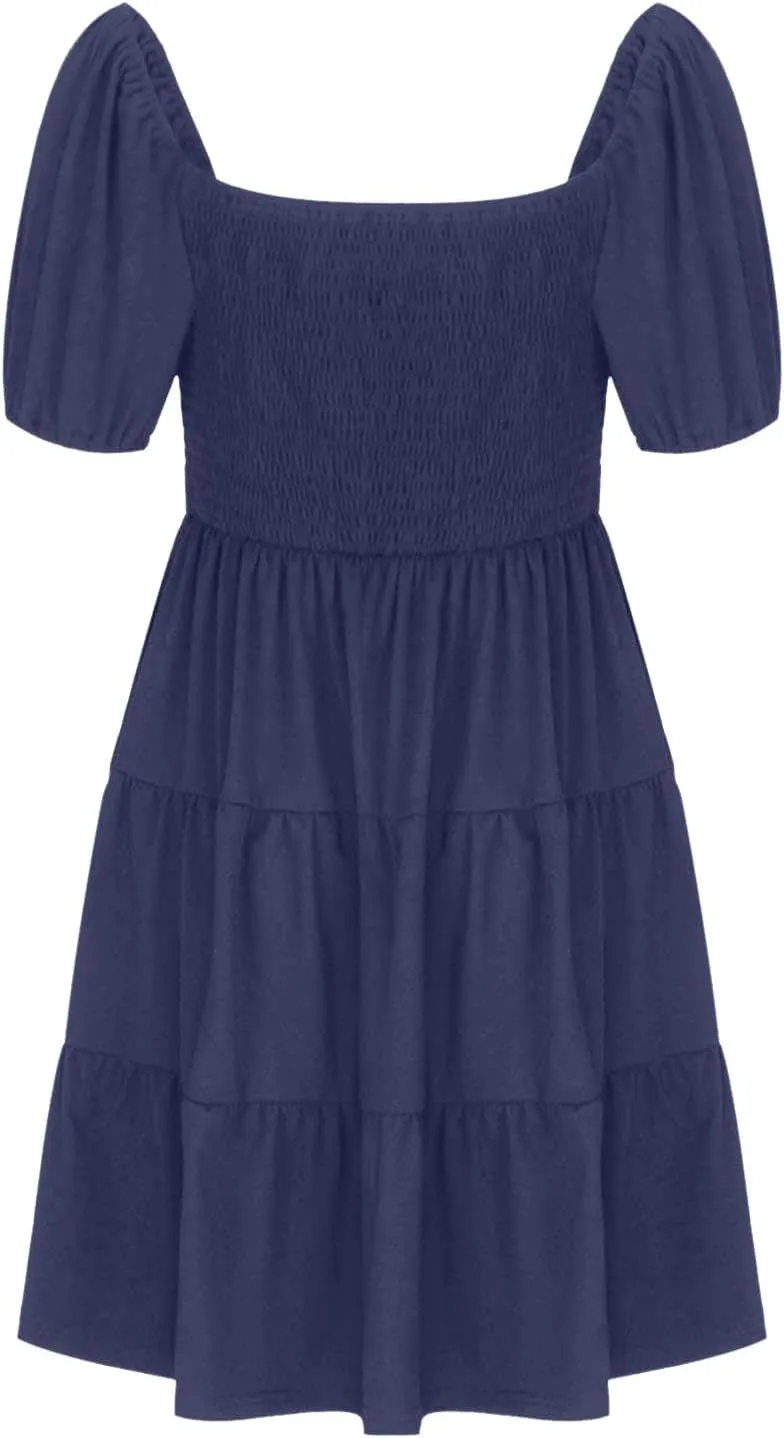 Womens Spring Summer Dresses Boho Floral Square Neck Smocked 3/4 Sleeve Casual A-Line Swing Mini Dress