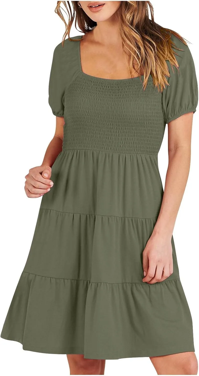 Womens Spring Summer Dresses Boho Floral Square Neck Smocked 3/4 Sleeve Casual A-Line Swing Mini Dress