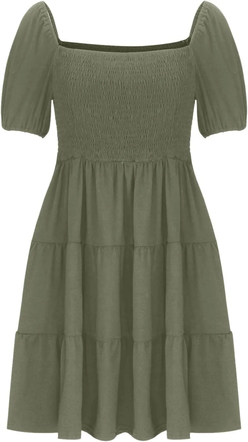 Womens Spring Summer Dresses Boho Floral Square Neck Smocked 3/4 Sleeve Casual A-Line Swing Mini Dress