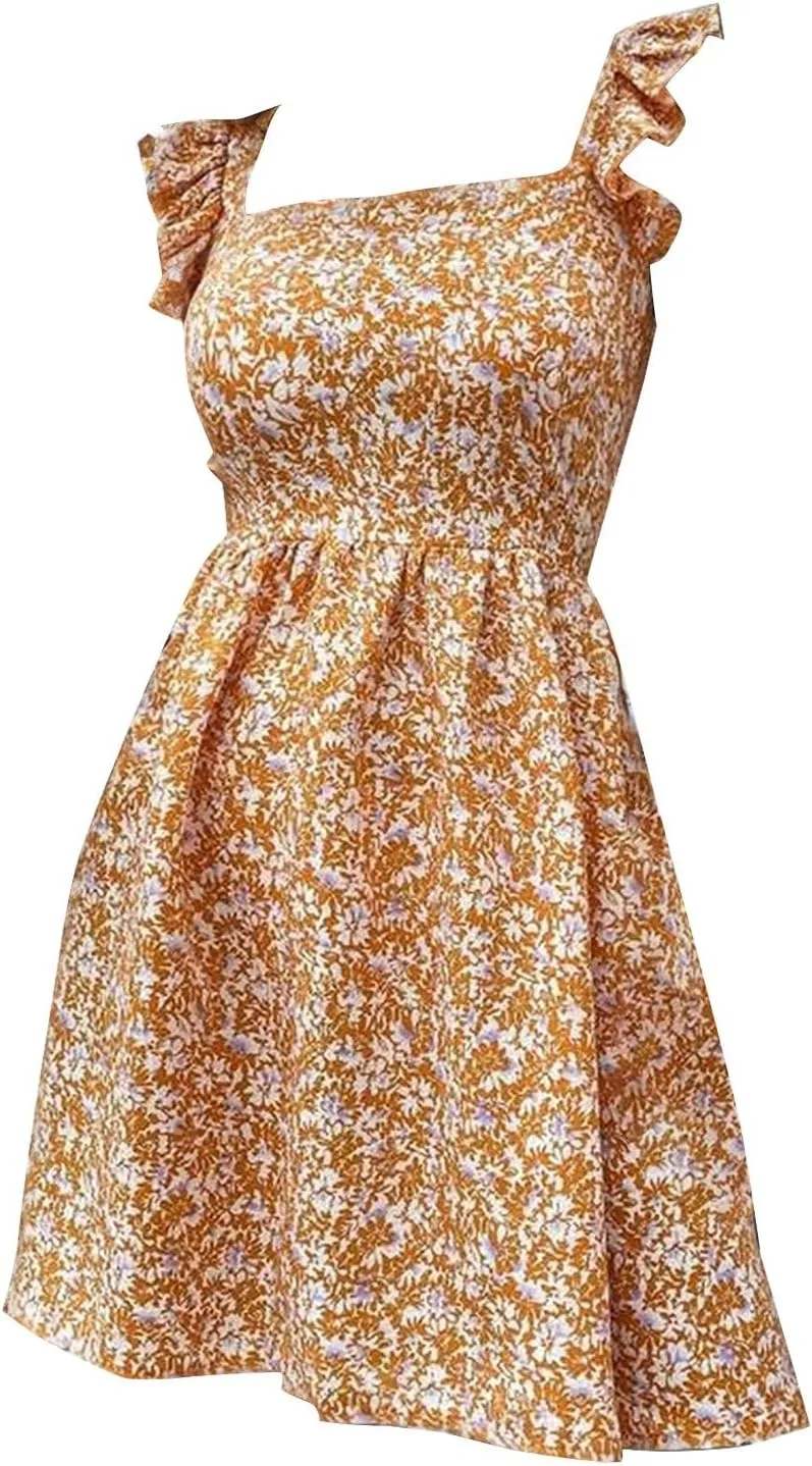 Womens Square Neck Ruffle Strap Mini Dresses High Waist Tunic Floral Bohemia Elegant Sundress 2024 Summer Beach Holiday Dress