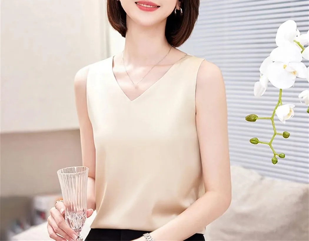 Women's Strap Crop Tank Tops V Neck Sleeveless Satin Silk Camisole Summer Casual Beach Vest