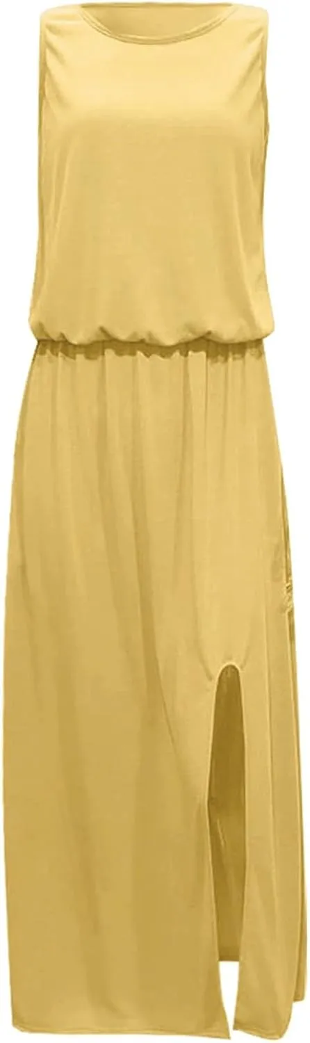 Women's Summer 2024 Round Neck Solid Sleeveless Dress with Slits Fashionable and Elegant Long Skirt