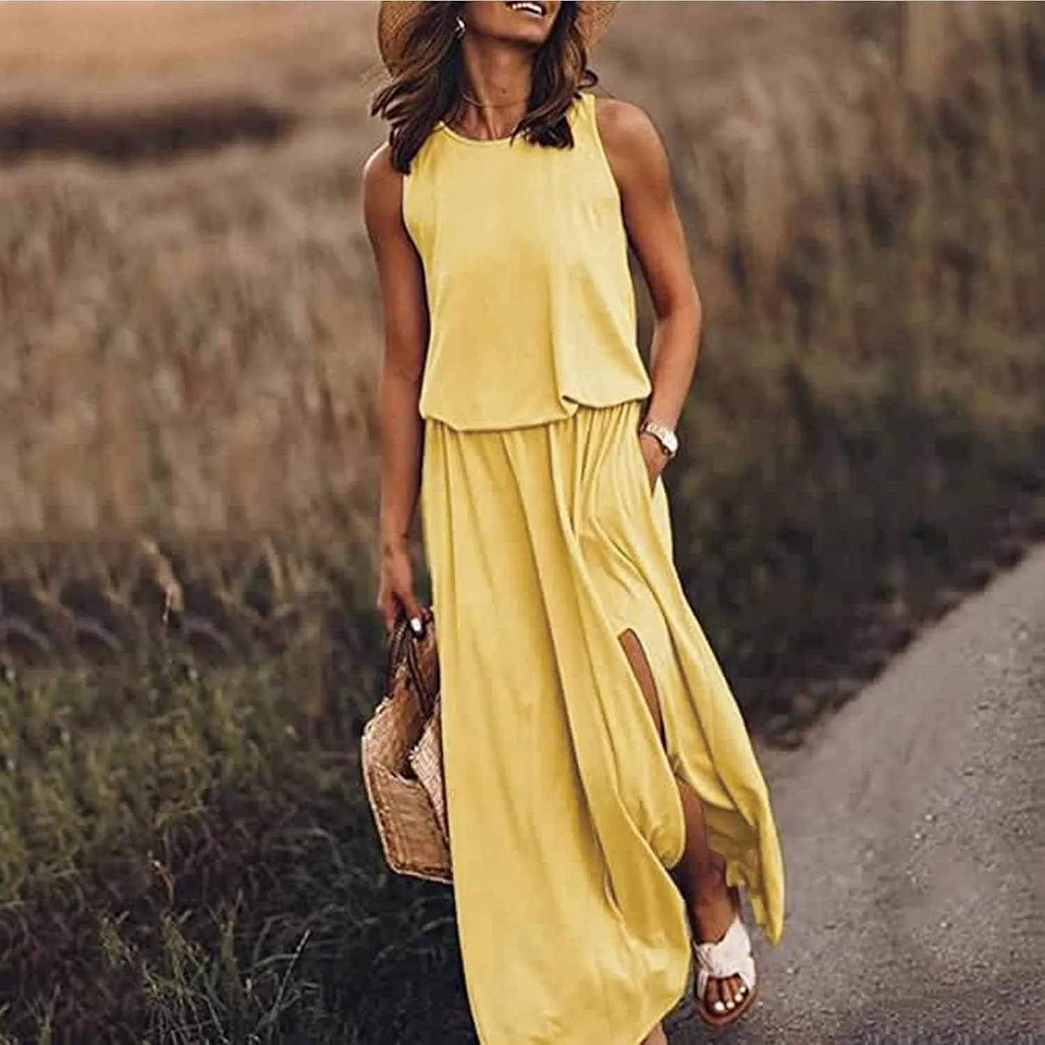 Women's Summer 2024 Round Neck Solid Sleeveless Dress with Slits Fashionable and Elegant Long Skirt