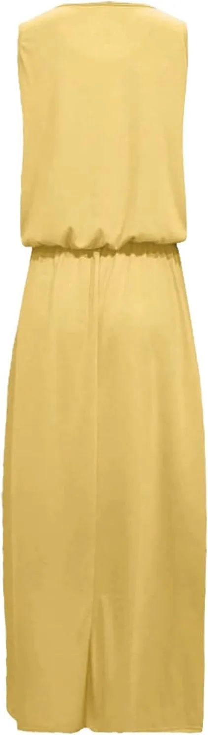 Women's Summer 2024 Round Neck Solid Sleeveless Dress with Slits Fashionable and Elegant Long Skirt
