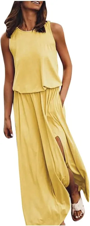 Women's Summer 2024 Round Neck Solid Sleeveless Dress with Slits Fashionable and Elegant Long Skirt