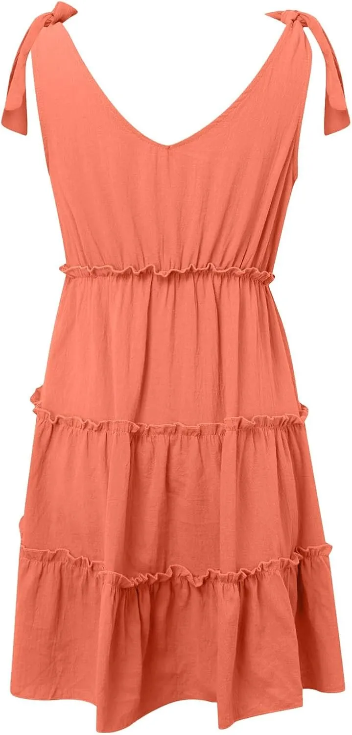 Womens Summer Casual V Neck Sleeveless Mini Dress Tie Shoulder Tiered Ruffle Swing A Line 2025 Trendy Short Sundresses