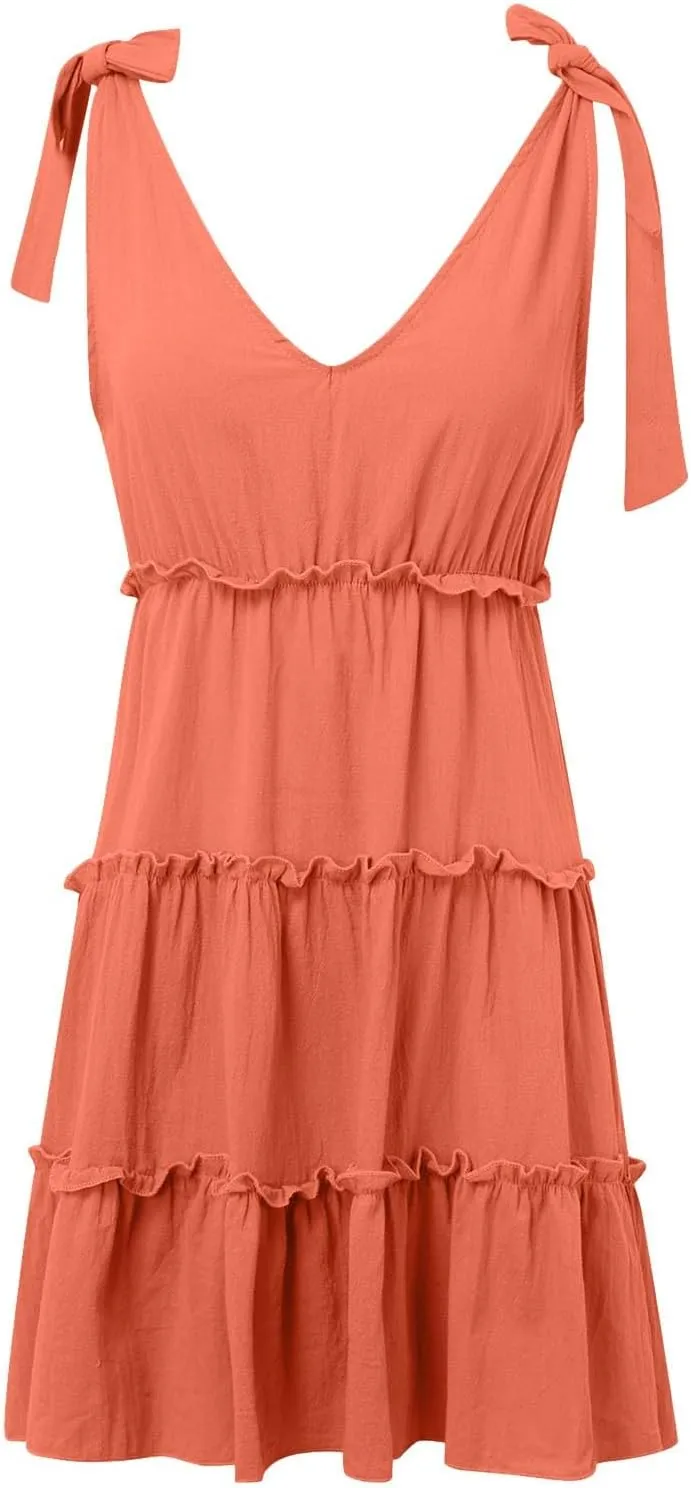 Womens Summer Casual V Neck Sleeveless Mini Dress Tie Shoulder Tiered Ruffle Swing A Line 2025 Trendy Short Sundresses