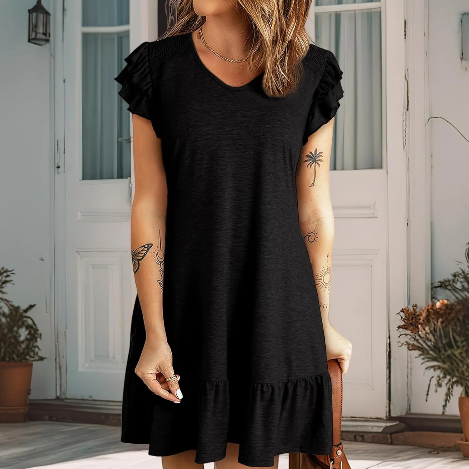 Women's Summer Mini Dresses V Neck Ruffle Short Sleeve Dress Casual Loose A-Line Swing Mini Dress Sundress 2025