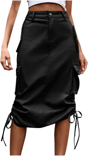 Women's Y2K Cargo Skirt High Waisted Jean Midi Skirts with Flap Pocket Casual A-Line Midi Long Denim Skirt