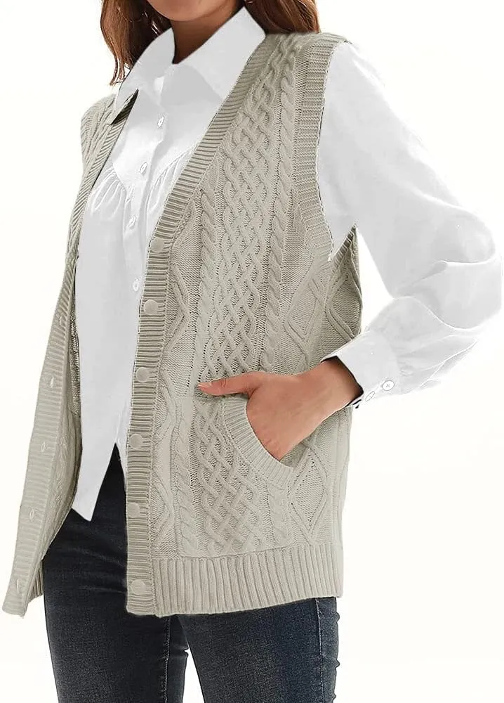 WomensKnit Sweater Vest V Neck Sleeveless Cardigan Button Down Sweater Pocket Outwear Tops
