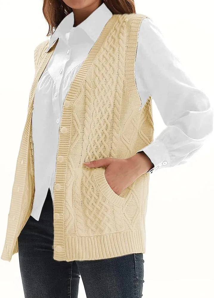 WomensKnit Sweater Vest V Neck Sleeveless Cardigan Button Down Sweater Pocket Outwear Tops