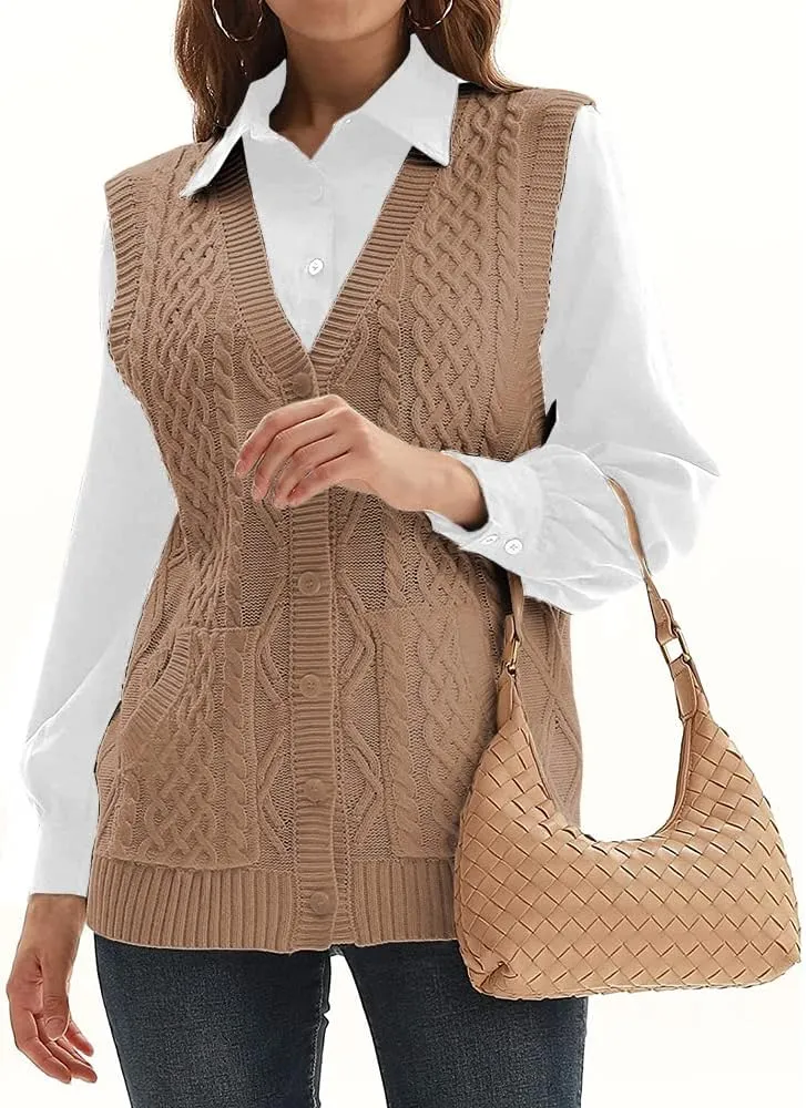 WomensKnit Sweater Vest V Neck Sleeveless Cardigan Button Down Sweater Pocket Outwear Tops