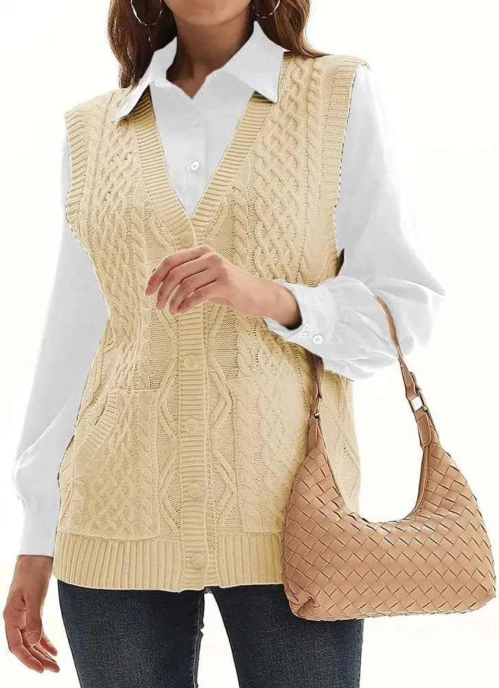 WomensKnit Sweater Vest V Neck Sleeveless Cardigan Button Down Sweater Pocket Outwear Tops