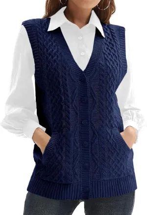 WomensKnit Sweater Vest V Neck Sleeveless Cardigan Button Down Sweater Pocket Outwear Tops
