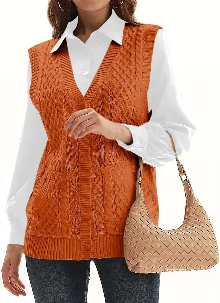 WomensKnit Sweater Vest V Neck Sleeveless Cardigan Button Down Sweater Pocket Outwear Tops