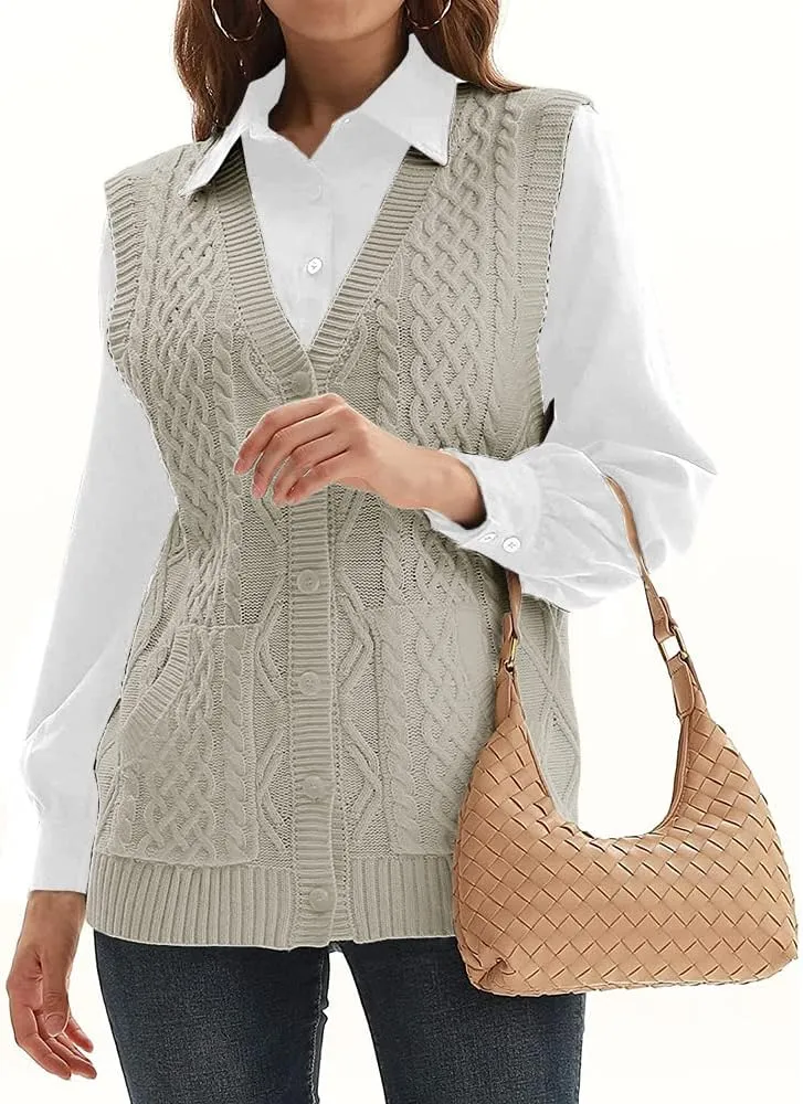 WomensKnit Sweater Vest V Neck Sleeveless Cardigan Button Down Sweater Pocket Outwear Tops