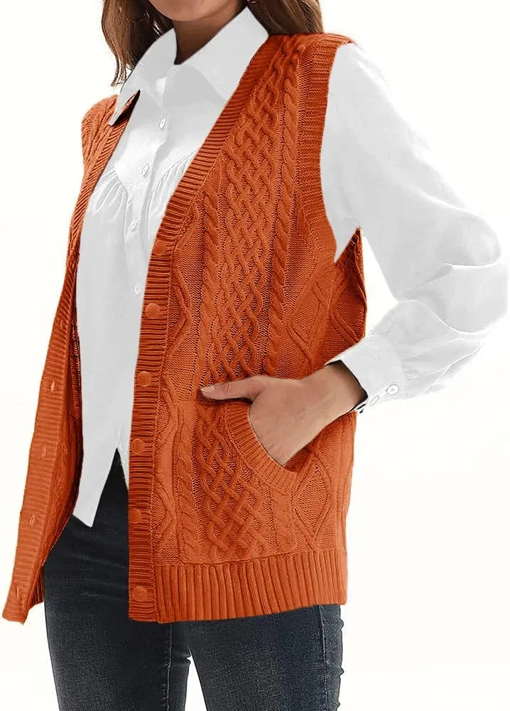 WomensKnit Sweater Vest V Neck Sleeveless Cardigan Button Down Sweater Pocket Outwear Tops
