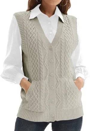 WomensKnit Sweater Vest V Neck Sleeveless Cardigan Button Down Sweater Pocket Outwear Tops