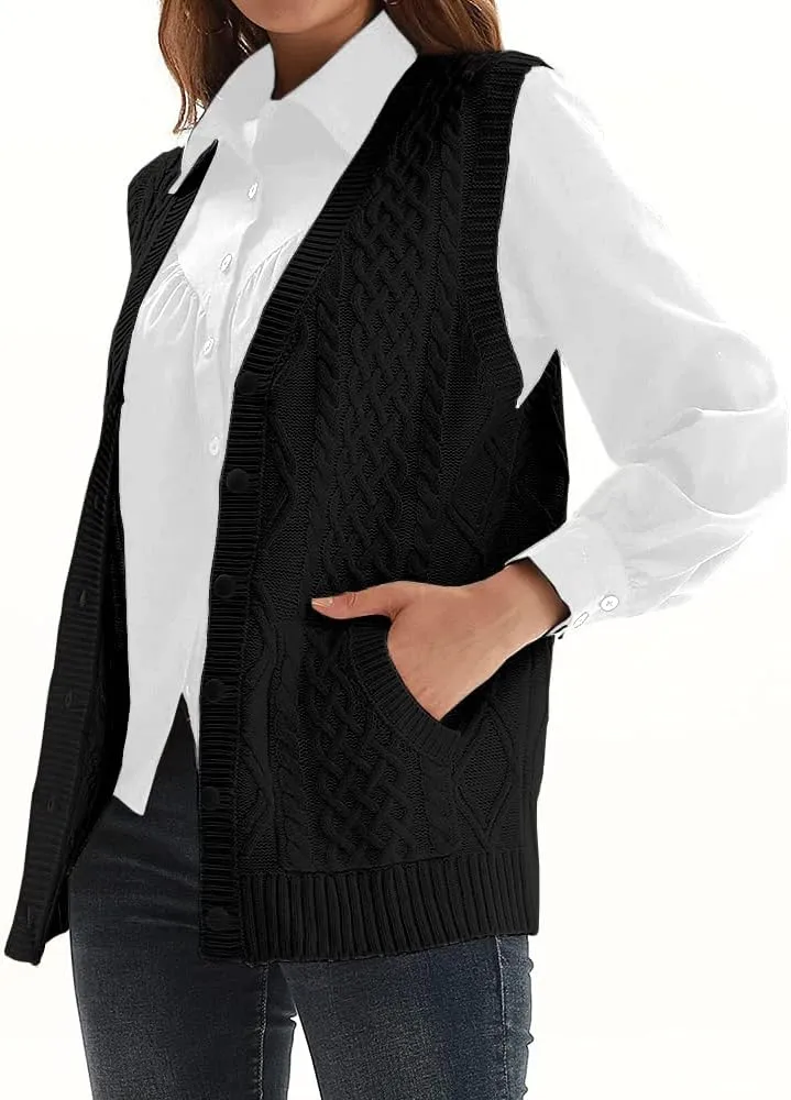 WomensKnit Sweater Vest V Neck Sleeveless Cardigan Button Down Sweater Pocket Outwear Tops