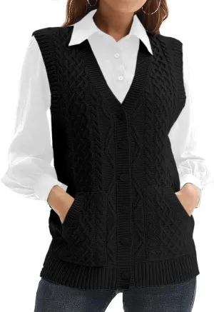 WomensKnit Sweater Vest V Neck Sleeveless Cardigan Button Down Sweater Pocket Outwear Tops