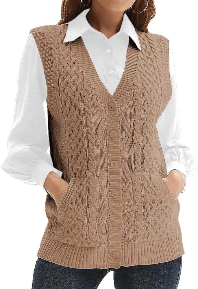 WomensKnit Sweater Vest V Neck Sleeveless Cardigan Button Down Sweater Pocket Outwear Tops