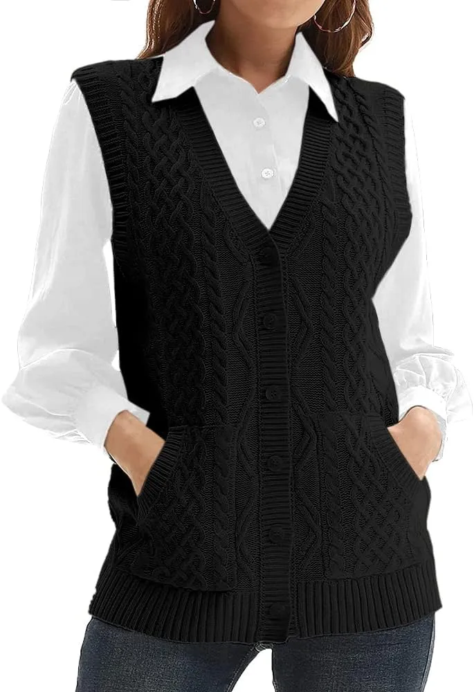 WomensKnit Sweater Vest V Neck Sleeveless Cardigan Button Down Sweater Pocket Outwear Tops