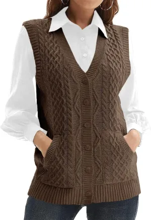 WomensKnit Sweater Vest V Neck Sleeveless Cardigan Button Down Sweater Pocket Outwear Tops